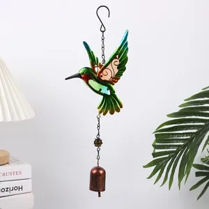 Metal hummingbird wind chime hanging decor with stained glass, ideal for home and garden.