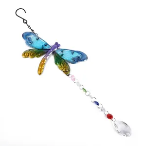 Colorful crystal dragonfly suncatcher wind chime hanging ornament for garden home decor.
