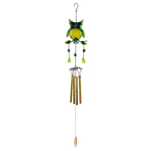 Metal glass painted owl wind chime detail, vibrant garden hanging decor for yard outdoor art.