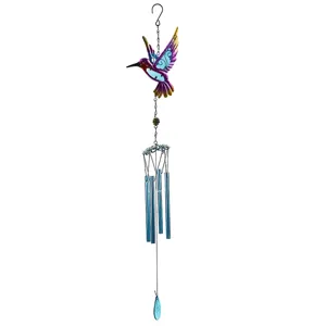 Metal hummingbird wind chime with blue tubes, perfect for garden and outdoor decor.