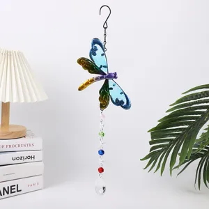 Metal dragonfly suncatcher with colorful crystal beads hanging wind chime pendant for home garden decor