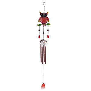 Detailed shot of the colorful metal glass owl wind chime hanging ornament for garden decor.