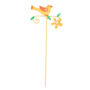 Metal garden bird stake detail view, cute yellow potted plant decorative accessory.