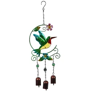 Carillon de vent colibri en métal avec trois cloches pour la décoration de jardin en verre.
