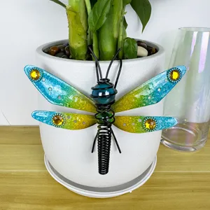 Ornement suspendu de pot de fleurs en libellule en metal, decor de plante en verre.