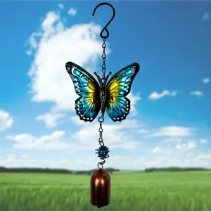 Carillon à vent papillon en métal et verre pour jardin, décoration suspendue colorée.