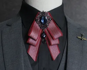 Classic men retro layered fabric bow tie with blue crystal brooch for suit and formal wear dress