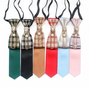 Preppy Style Houndstooth Plaid Small Tie Women Men Vintage Rhinestone Pearl Chain Decorative Necktie Uniform Accessories