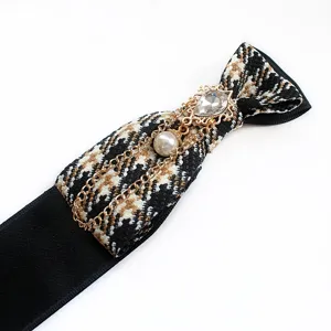 British style plaid bow tie with rhinestones, pearls and chains for women and men, retro chic collar.