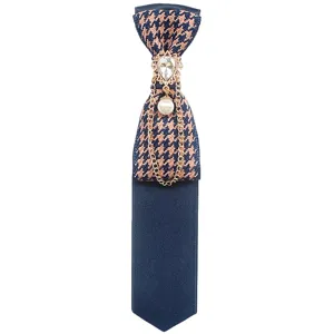 Preppy style plaid necktie with rhinestone pearl chain accessory, Korean fashion retro bow tie.