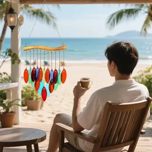 Bunte Glas-Windspiel-Details hängen dekorativ auf einem malerischen Strandbalkon.