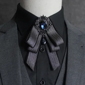 Vintage mens crystal brooch bow tie gothic black fabric ribbon formal suit shirt accessory.