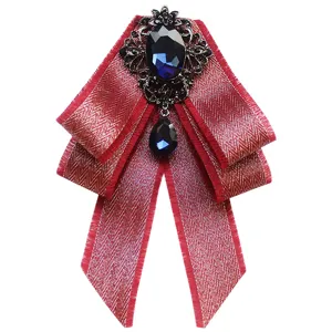 Elegant red ribbon bow tie with vintage blue crystal brooch for men wedding formal suits.