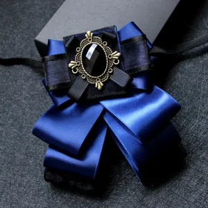 Elegant Men Formal Ribbon Bowtie Rhinestone Brooch Lapel Flower Wedding Groom Suit Tuxedo Neckwear Accessories