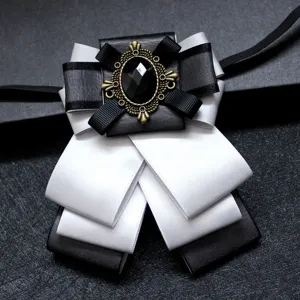 Black and white layered ribbon bow tie with vintage gemstone brooch for men formal suit.