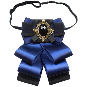 Navy blue layered ribbon bow tie with vintage rhinestone brooch for men suit wedding accessory