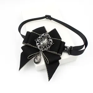 Black Ribbon Bow Tie Vintage Rhinestone Crystal Pendant Kids Boys Girls Formal Party Accessory