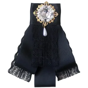 Elegante spilla con fiocco in pizzo nero con strass e perle stile barocco accessorio.