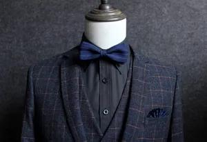 Dettaglio di un classico papillon blu scuro gessato con fazzoletto da taschino coordinato.