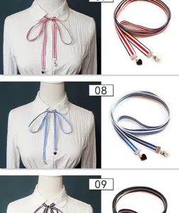 Women striped ribbon tie college style bow tie shirt collar accessory with pearl heart charms