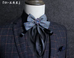 Men's vintage bow tie formal suit necktie with crystal rhinestone center and ribbons.