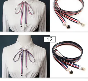 Women pre-tied ribbon bow tie shirt collar accessory with heart and pearl pendant details.