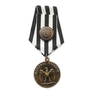 Vintage military style metal badge brooch with black and white striped ribbon for apparel
