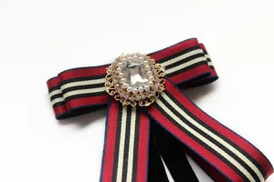 Preppy style striped ribbon bow tie with rhinestone pearl brooch for uniform and formal wear