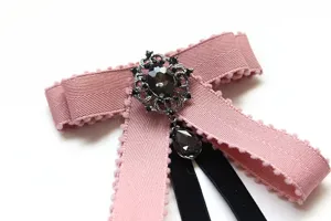 Elegant women's pink bow tie ribbon college uniform brooch pin detachable collar accessory