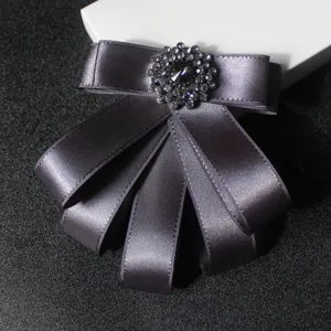 Men Women Business Bow Tie Brooch Rhinestone Satin Ribbon Lapel Pin Wedding Suit Collar Accessories
