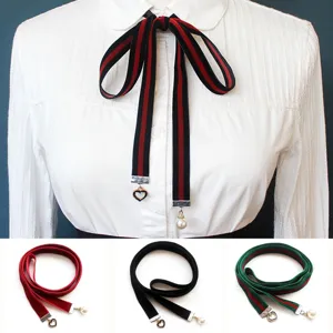 Women Fashion Ribbon Choker Necklace Bowtie Collar Decoration Alloy Pearl Heart Pendant Elegant Party Neck Jewelry