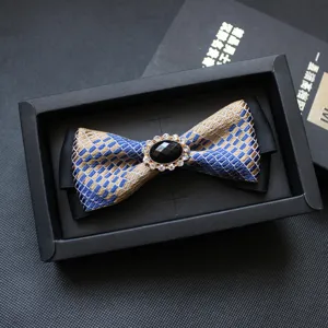 Men's blue gold plaid bow tie with crystal center and gift box accessory formal wear