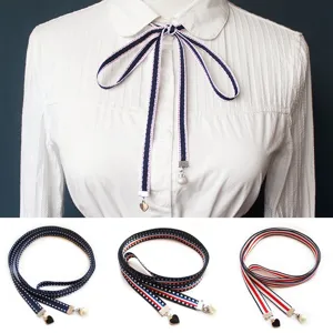 Preppy Style Women Cotton Ribbon Bow Tie Necktie Fashion Casual Collared Shirt Accessories With Pearl Heart Pendant