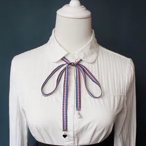 Women College Style Ribbon Bowtie White Shirt Collar Decorative Tie Fashion Accessory