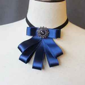Men professional dark blue ribbon bow tie with rhinestone center for formal suit and wedding use.