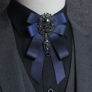 Elegant men's dark blue rhinestone ribbon bow tie brooch for stage performance formal events.