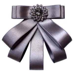 Men's dark grey satin bow tie brooch with rhinestone crystal center for formal suits and events.
