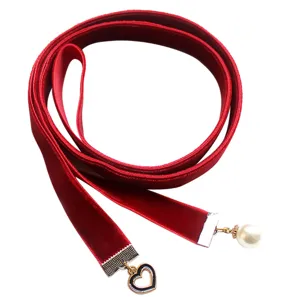 Red velvet choker necklace with heart pendant and pearl for women shirt collar decor