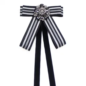 Preppy Style Women Ribbon Bow Tie College Uniform Shirt Brooch Rhinestone Necktie Jewelry