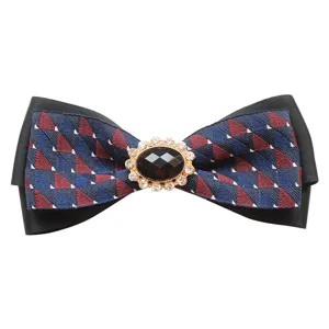 Men's jacquard bow tie with sparkling rhinestone centerpiece and elegant layered ribbon design.