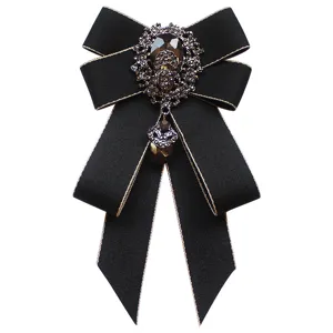 Men's black rhinestone ribbon bow tie brooch, vintage crystal formal accessory for stage.
