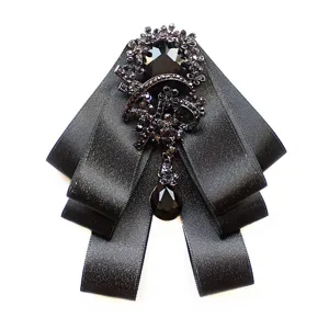 Men black rhinestone bow tie brooch crystal teardrop pendant formal suit collar pin