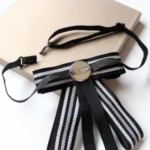 Academic style women ribbon bow tie, black and white stripes collar flower for uniform.
