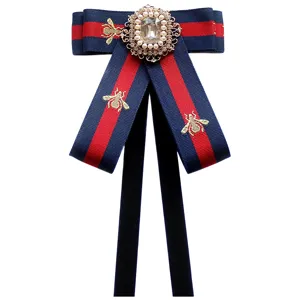 Blue red stripe ribbon bow tie vintage crystal bee brooch school uniform accessory