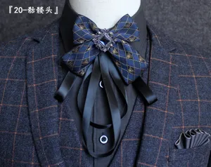 British style men's bow tie cravat with crystal brooch and black ribbons for party.