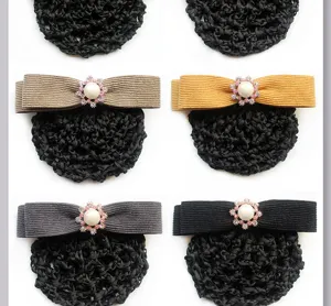 Professional hair net bow barrette with elegant pearl rhinestone for daily office wear