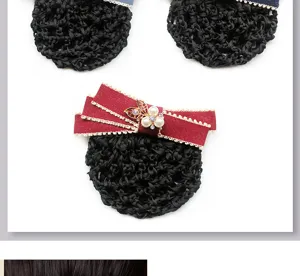 Professional hair net with elegant bow and pearl rhinestone decoration for office work.