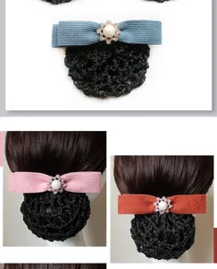 Professional women hair net bow hair clips pearl rhinestone hair bun cover elegant work accessories