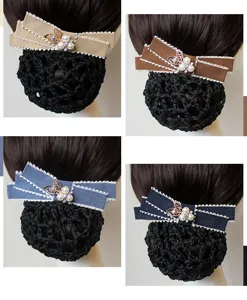Professional hair net bun cover with bow and pearl flower embellishment for workplace wear.
