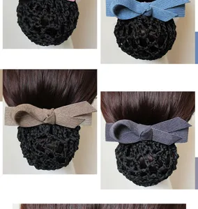 Women professional hair net bun cover with bow hairpin for hotel staff workplace styling.